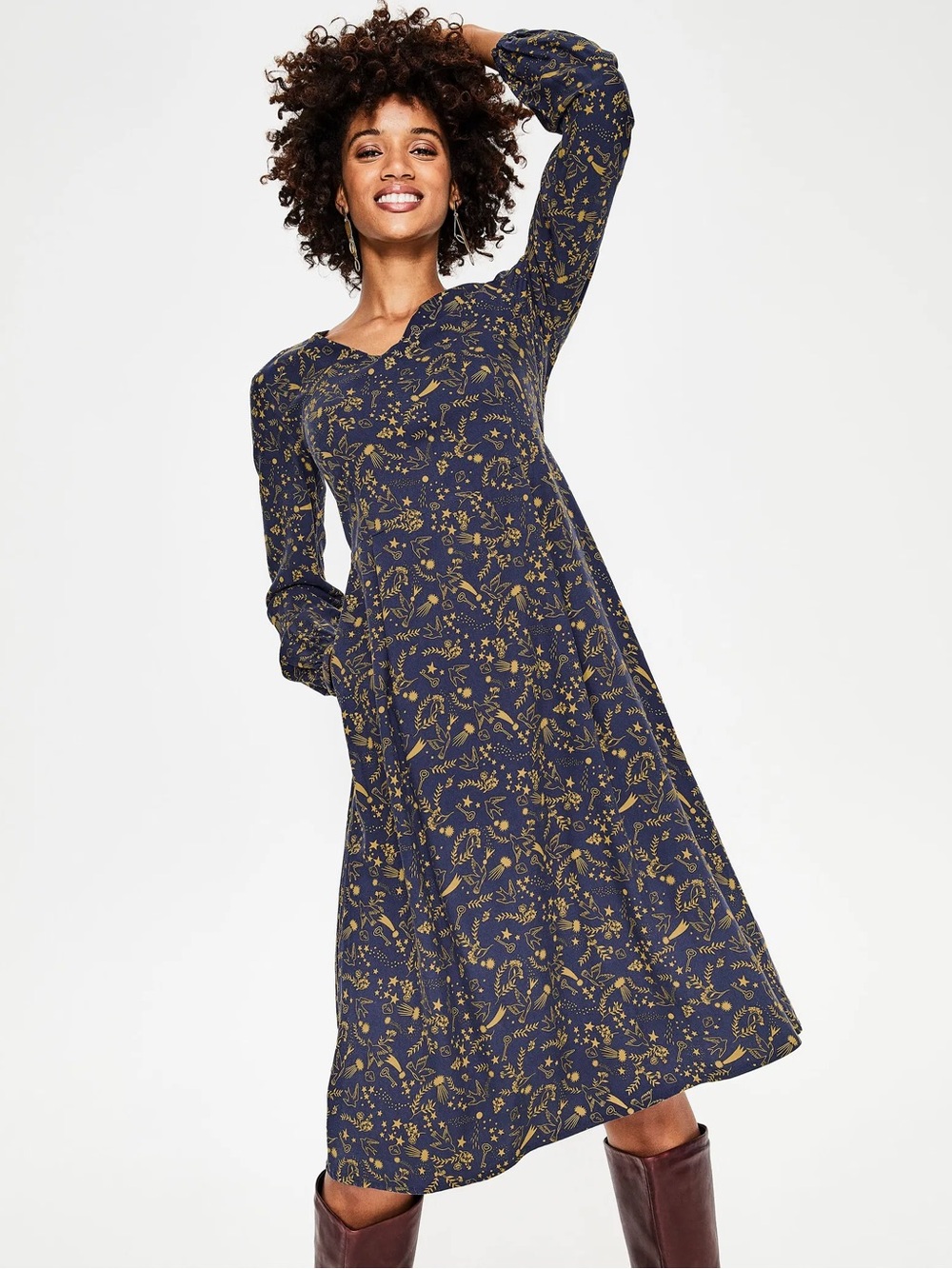 Boden Easy Printed V-Neck Midi Dress Navy and Yellow size 6L